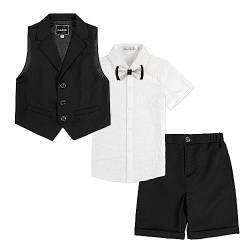 LOLANTA 4-teiliger Kinder Freizeit Anzug Set, Jungen Sommer Festlich Hochzeitsanzug, Kurzarm Hemd, Fliege, Weste, Kurze Hose, Schwarz, 160 von LOLANTA