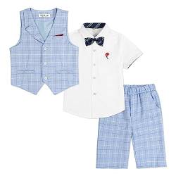 LOLANTA 4-teiliger Kinder Freizeit Anzug Set, Jungen Sommer Festlich Hochzeitsanzug, Kurzarm Hemd, Fliege, Weste, Kurze Hose, blau kariert, 150 von LOLANTA