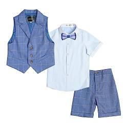 LOLANTA 4-teiliger Kinder Freizeit Anzug Set, Jungen Sommer Festlich Hochzeitsanzug, Kurzarm Hemd, Fliege, Weste, Kurze Hose, dunkelblau kariert, 100 von LOLANTA