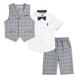 LOLANTA 4-teiliger Kinder Freizeit Anzug Set, Jungen Sommer Festlich Hochzeitsanzug, Kurzarm Hemd, Fliege, Weste, Kurze Hose, grau kariert, 150 von LOLANTA