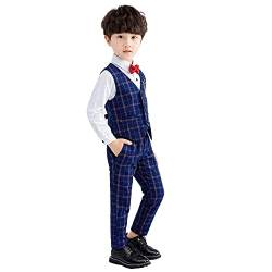 LOLANTA 4-teiliges Festliche Jungen Westen Set, Jungen Hochzeit Anzug,Weste, Hemd, Hose mit Fliege(10-11 Jahre,Blau,Tag 160) von LOLANTA