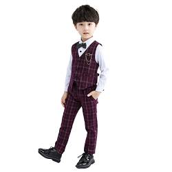 LOLANTA 4-teiliges Festliche Jungen Westen Set, Jungen Hochzeit Anzug,Weste, Hemd, Hose mit Fliege(6-7 Jahre,Rot,Tag 130) von LOLANTA