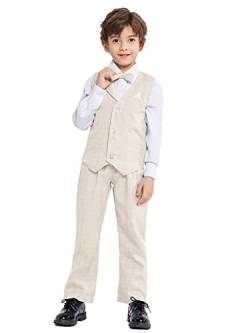 LOLANTA 4-teiliges Jungen Karierten Anzug Set, Jungen Festival Smoking, Weste, Hemd, Hose und Fliege im Set(Beige, 5-6 Jahre,Tag 120) von LOLANTA