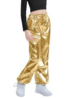 LOLANTA Kinder Glänzende Metallische Lederhosen Retro Hip Hop Tanz Outfit Lose Passform Cargo Hosen Elastische Taille Streetwear, Gold, 10-11 Jahre, 150 von LOLANTA