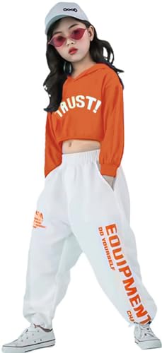 LOLANTA Mädchen Hip Hop Kleidung, Street Dance Outfit, Hoodie, Joggerhose Kinder Trainingsanzug Set, Orange, 160 von LOLANTA