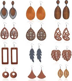 LOLIAS 12 Paar Holz Ohrringe für Frauen Afrikanische Ohrringe Naturholz Teardrop Ohrringe Ethnische Aussage Geometrische Leichte Anhänger Ohrringe von LOLIAS