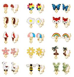 LOLIAS 15 Paar Clip Ohrringe Set für Mädchen Kinder Tochter Frauen Tier Schmetterling Blume Ohrclips für Teenager Schmerzfreie Nicht Durchbohrende Ohrringe Pack von LOLIAS