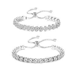 LOLIAS 2 Pcs Tennis Armband Damen Silber Verstellbar Zirkonia Armband Elegantes Modeschmuck Armband für Hochzeitsgeschenk von LOLIAS