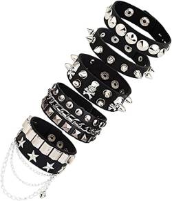 LOLIAS 3-5 Stück PU Schwarz Kette Punk Bracelet Leather Cuff Spike Nieten Punk Armreif Rock Armband Set für Männer Damen Stacheliges Armband Einstellbar Vintage Gothic Style Adult von LOLIAS