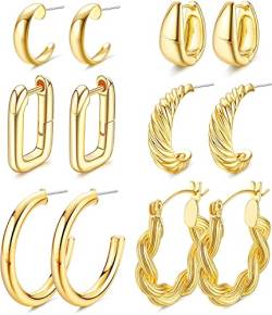 LOLIAS 6 Paar Gold Chunky Creolen für Damen 14 Karat Vergoldet Dicke Verdrehte Offene Creolen Gold Groß Huggie Creolen Ohrringe Set Schmuck Geschenke von LOLIAS