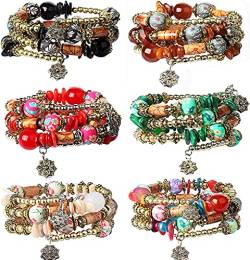 LOLIAS 6 Sets Bohemian Stackable Bead Armbänder Stretch-Armband Coil-Armband für Damen Mehrschichtiges Armband Armreifen Set Mode Perlen Schmuck von LOLIAS