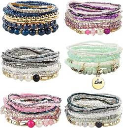 LOLIAS 6 Sets Bohemian Stackable Bead Armbänder Stretch-Armband Coil-Armband für Damen Mehrschichtiges Armband Armreifen Set Mode Perlen Schmuck von LOLIAS