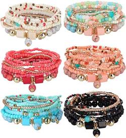 LOLIAS 6Pcs Bohemian Bead Armbänder Set für Damen Mädchen Mehrschichtiges Armband Set Anhänger Stapelbare Perlen Armbänder Boho Charm Stretch Armreifen von LOLIAS