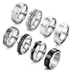 LOLIAS 8 Stück Edelstahl Herren Ringe Matt Finish Poliert Band Spinner Ringe Kette Herren Ring Fidget Anxiety Vintage Herren Ringe Set Größe 54-70 von LOLIAS