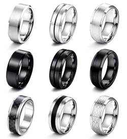 LOLIAS 9 Stück Edelstahl Herren Ringe Silber Schwarz Matt Finish Poliert Band Ringe Flaschenöffner Ringe Ehering Verlobungsringe Vintage Fidget Ring für Männer Damen von LOLIAS