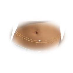 LOLIAS Edelstahl-Körperkette, Bauchkette für Frauen, sexy, 18 Karat vergoldet, geschichtete Perlen, CZ-Perlen, Taillenkette, Strand-Bikini-Körperschmuck, E von LOLIAS