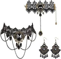 LOLIAS Halloween Halskette Armband Ohrringe Set für Frauen Schwarze Spitze Lolita Steampunk Vampire Viktorianische Gothic Weihnachten Kostüm Schmuck Set von LOLIAS