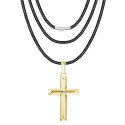LOLIAS Kreuz Halskette für Männer Damen Edelstahl Silber Figaro Kreuz Kette geflochtenes Lederband großes Kreuz Anhänger Halskette christliches religiöses Geschenk von LOLIAS
