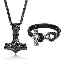 LOLIAS Thors Hammer Halskette Wikinger Armbänder Set für Herren Männer Mjolnir Edelstahl Halskette Schwarz Leder Armbänder Manschette Odin Anhänger Thors Halskette Schmuck Wikinger Geschenk für Herren von LOLIAS