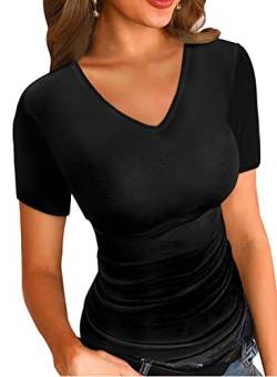 LOLONG Langarmshirts für Damen, leger, V-Ausschnitt, Basic, gerippt, Slim Fit, Bluse, B-schwarz, X-Groß von LOLONG