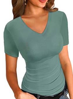 LOLONG T-Shirts mit V-Ausschnitt für Damen, kurz/langärmelig, lässig, gerippt, schmal tailliertes Oberteil, B-Moosgrün, XX-Large von LOLONG