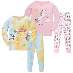 LOLPIP Mädchen Schlafanzug Tie Dye Bedruckte Nachtwäsche 100% Baumwolle Pyjamas für Kinder Einhorn Schlafkleidung Langarm 4 Stück Set 11-12 Jahre von LOLPIP