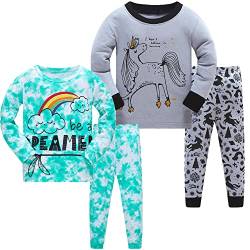 LOLPIP Mädchen Schlafanzug Tie Dye Bedruckte Nachtwäsche Regenbogen 100% Baumwolle Pyjamas für Kinder Einhorn Schlafkleidung Langarm 4 Stück Set 4-5 Jahre von LOLPIP