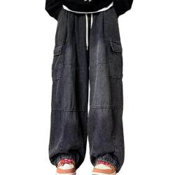 LOMATO Übergroße Cargo Hose Mit Mehreren Taschen Elastische Taille Kordel Zug Einfarbige Baggy-Jeans Hose Mit Weitem Bein,Black,2XL von LOMATO