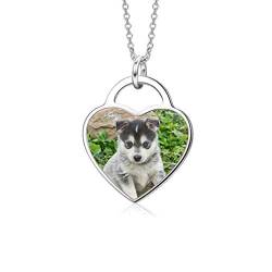 LONAGO 925 Sterling Silber Herz Foto Halskette Full Color Personalisierte Foto Anhänger Halskette Schmuck für Frauen (Heart 1-white-gold-plated-silver) von LONAGO