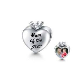 LONAGO 925 Sterling Silber Personalisierte Foto Charm Herzförmige Benutzerdefinierte Bild Perle Charm Fit Charm Armband für Frauen (Mama) von LONAGO