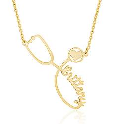 LONAGO 925 Sterling Silber Personalisierte Namen Halskette Stethoskopförmigen Anhänger Halskette Schmuck für Krankenschwester Arzt Geschenk (Sterling Silver-Yellow) von LONAGO