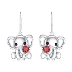 LONAGO Elefant Ohrringe für Frauen 925 Sterling Silber Herz Geschnitten Echter Roter Granat mit Elefant Tropfen Dangle Ohrringe von LONAGO