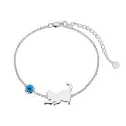 LONAGO Katze Armband 925 Sterling Silber Nette Katze mit Geburtsstein Armband Schmuck für Frauen (März-Blau) von LONAGO