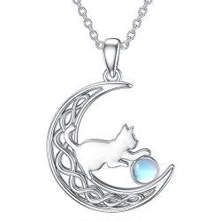 LONAGO Katze Halskette 925 Sterling Silber Erstellt Mondstein mit Katze im Mond Anhänger Halskette Schmuck für Frauen von LONAGO