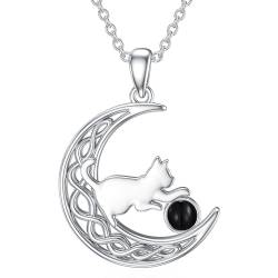LONAGO Katze Halskette 925 Sterling Silber Schwarzer Onyx mit Katze im Mond Anhänger Halskette Schmuck für Frauen von LONAGO