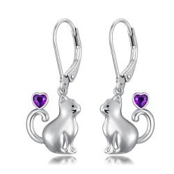 LONAGO Katzen Ohrringe für Damen 925er Sterling Silber Süße Katze mit Geburtsstein Baumelnde Ohrringe (Februar) von LONAGO