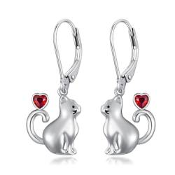 LONAGO Katzen Ohrringe für Damen 925er Sterling Silber Süße Katze mit Geburtsstein Baumelnde Ohrringe (Januar) von LONAGO