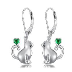 LONAGO Katzen Ohrringe für Damen 925er Sterling Silber Süße Katze mit Geburtsstein Baumelnde Ohrringe (Mai) von LONAGO