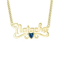 LONAGO Name Halskette personalisiert 9K 14K 18K Echtgold Benutzerdefiniert Namensschild mit Geburtsstein Anhänger Halskette für Frauen (Style 3) von LONAGO