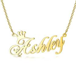 LONAGO Name Halskette personalisiert 9K 14K 18K Echtgold Benutzerdefiniert Namensschild mit Geburtsstein Anhänger Halskette für Frauen (Style 6) von LONAGO