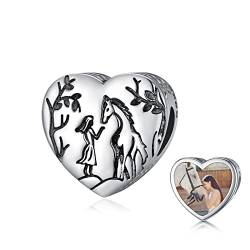 LONAGO Personalisierter Foto Charm 925er Sterling Silber Pferd mit Mädchen Perlen Charm für Charm Armbänder von LONAGO