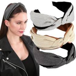 3 Packstoff Stoff geknotete gepolsterte Stirnbänder, satinische harte Haarbänder mit Mode -Strass -Stirnbändern für Frauen und Mädchen (Schwarz+Weiß+Hellbraun) von LONEEDY