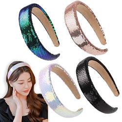 4 PCS Glitter Pailletten Funkelnde harte Stirnbänder für Kinder 1.1-Inch breite gepolsterte Haarbänder Mode Nettes tägliches Zubehör für Mädchen und Frauen (schwarz+weiß+blau+gold) von LONEEDY