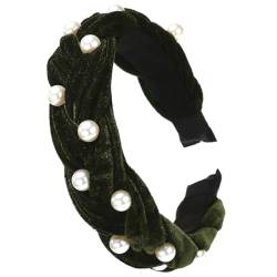 LONEEDY Niedliches geflochtenes Samt-Haarband, breit, modisch, gepolstert, gedrehte Perlen, dickes Stirnband für Damen und Mädchen (Perlen-Dunkelgrün) von LONEEDY