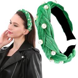LONEEDY Niedliches geflochtenes Samt-Haarband, breit, modisch, gepolstert, gedrehte Perlen, dickes Stirnband für Damen und Mädchen (Perln-grün) von LONEEDY