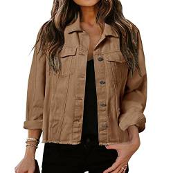 LONGBIDA Damen Jeansjacke ausgefranst Washed Button Up Cropped Denim Jacke mit Taschen, Braun, Large von LONGBIDA