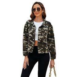 LONGBIDA Damen Jeansjacke ausgefranst Washed Button Up Cropped Denim Jacke mit Taschen, N-camouflage, Medium von LONGBIDA