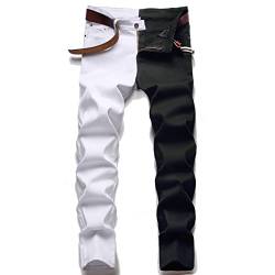 LONGBIDA Herren Slim Fit Skinny Jeans Zweifarbig Patchwork Designer Stretch Regular Denim Hose, Schwarz Weiß, 50 von LONGBIDA