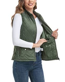 LONGKING 2023 Upgraded, Damen Outwear Weste mit einer Innentasche - Stehkragen Leichte Reißverschluss Steppweste für Frauen, Grün (Army Green), L von LONGKING