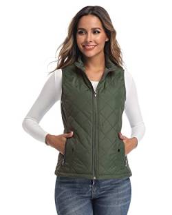 Longking Outwear-Weste für Damen, Stehkragen, leicht, Reißverschluss, Steppweste, Grün (Army Green), XS von LONGKING